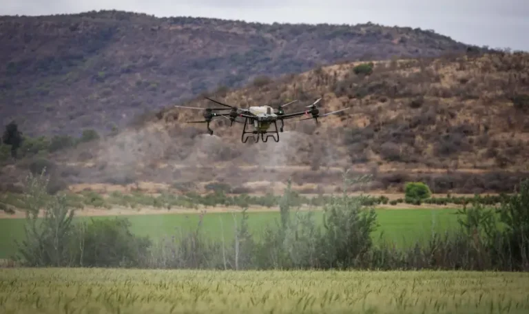 Drone agrícola a monitorizar culturas no Alentejo com tecnologia de agricultura de precisão