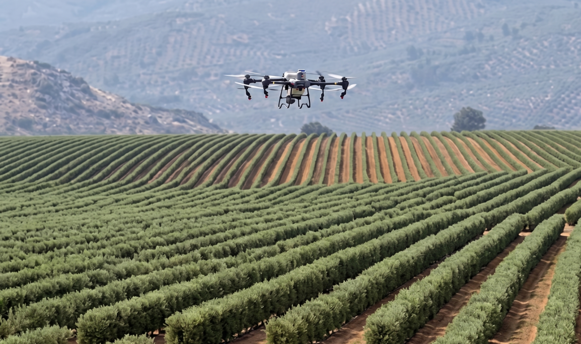 Drone agrícola sobrevoa um olival no Alentejo realizando monitorização de culturas e recolha de dados para agricultura de precisão.