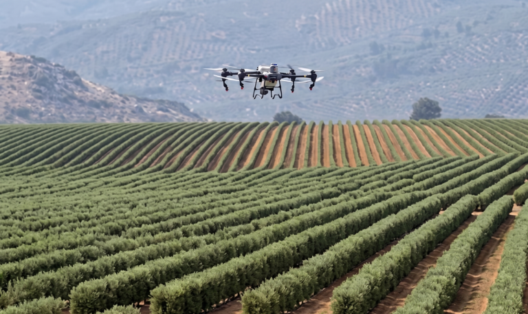 Drone agrícola sobrevoa um olival no Alentejo realizando monitorização de culturas e recolha de dados para agricultura de precisão.