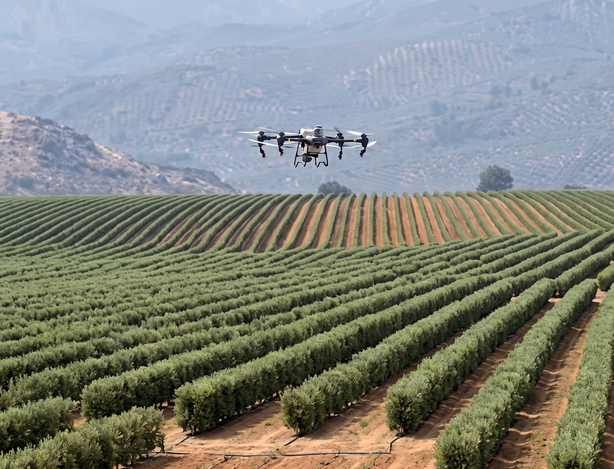 Drone agrícola sobrevoa um olival no Alentejo realizando monitorização de culturas e recolha de dados para agricultura de precisão.
