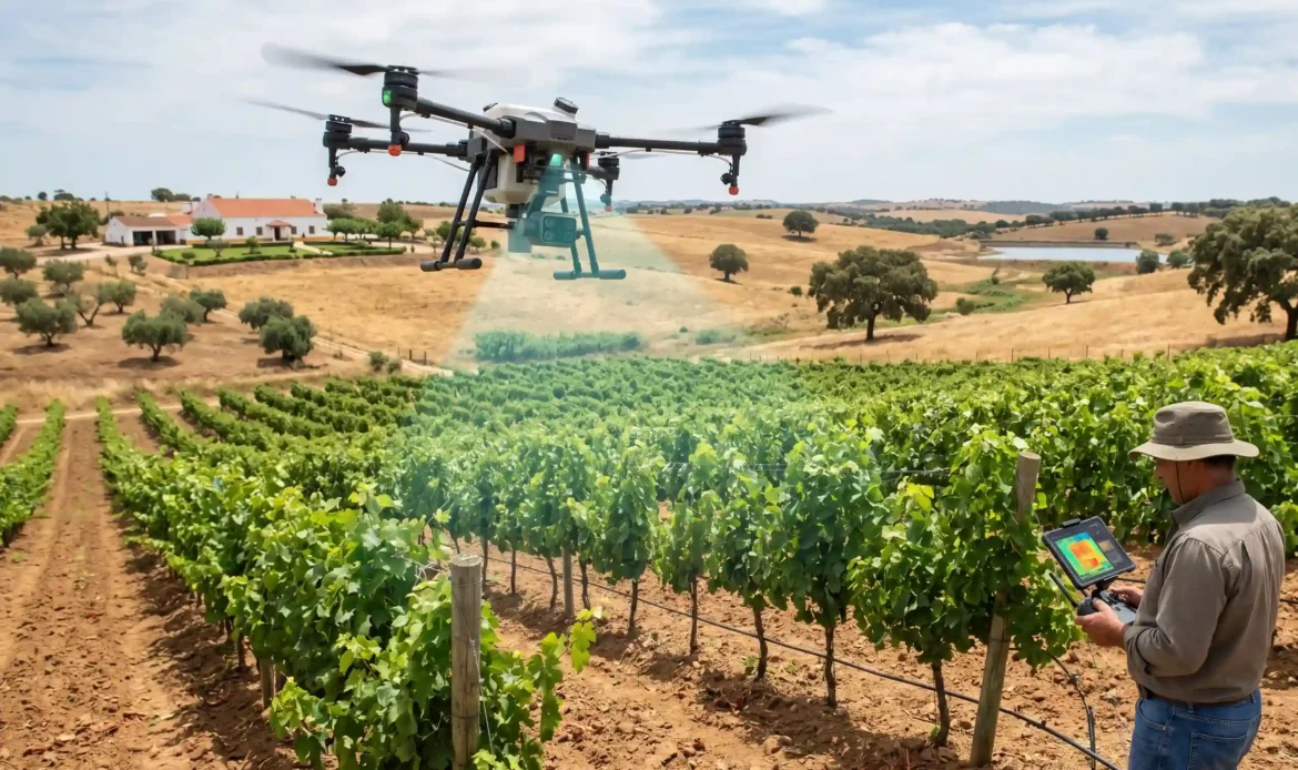Drone agrícola a monitorizar necessidades de rega numa exploração agrícola do Alentejo