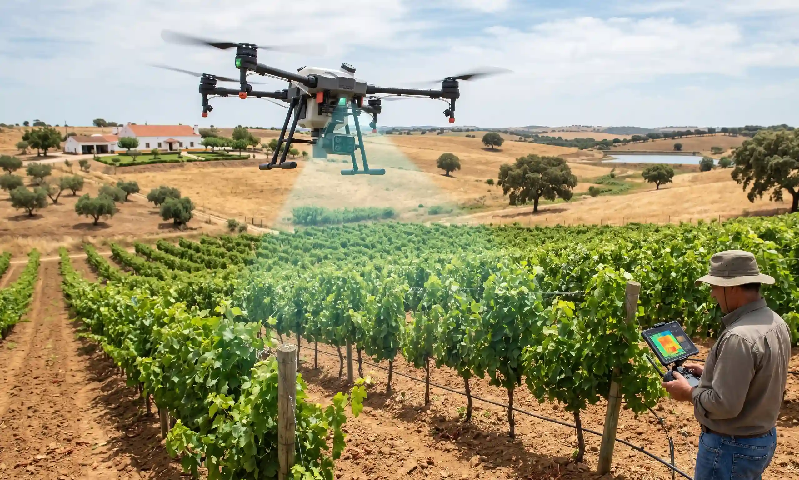 Drone agrícola a monitorizar necessidades de rega numa exploração agrícola do Alentejo