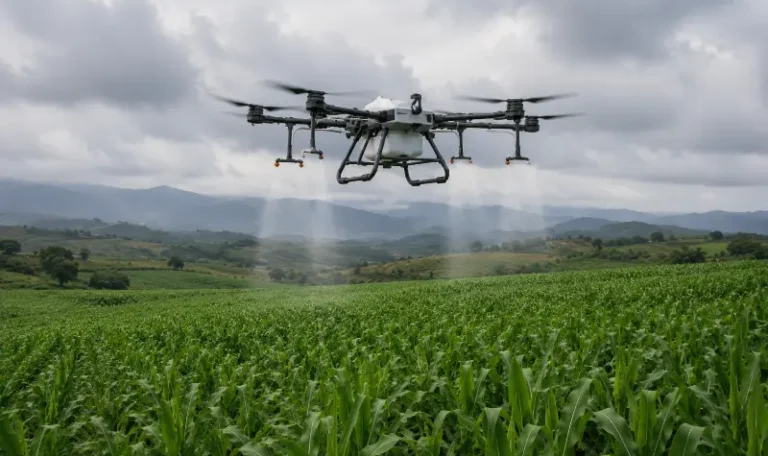 Drone agrícola a realizar monitorização de uma exploração agrícola no Alentejo como parte de um sistema de agricultura de precisão