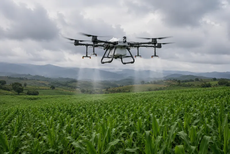 Drone agrícola a realizar monitorização de uma exploração agrícola no Alentejo como parte de um sistema de agricultura de precisão