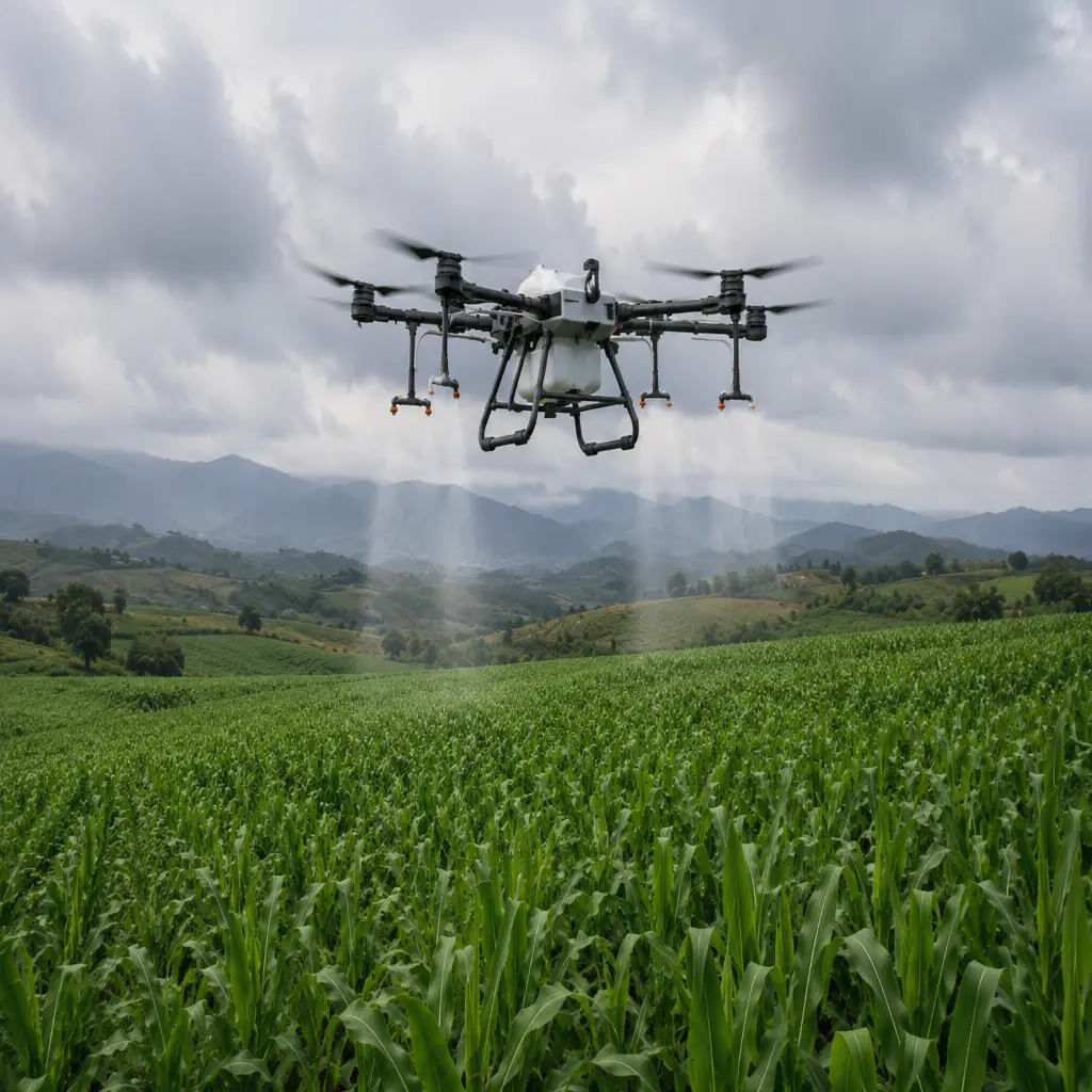 Drone agrícola a realizar monitorização de uma exploração agrícola no Alentejo como parte de um sistema de agricultura de precisão