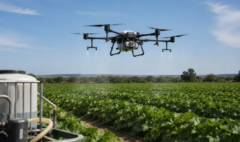 DJI Agras T100 a realizar aplicação de nutrientes numa cultura de melão no Alentejo