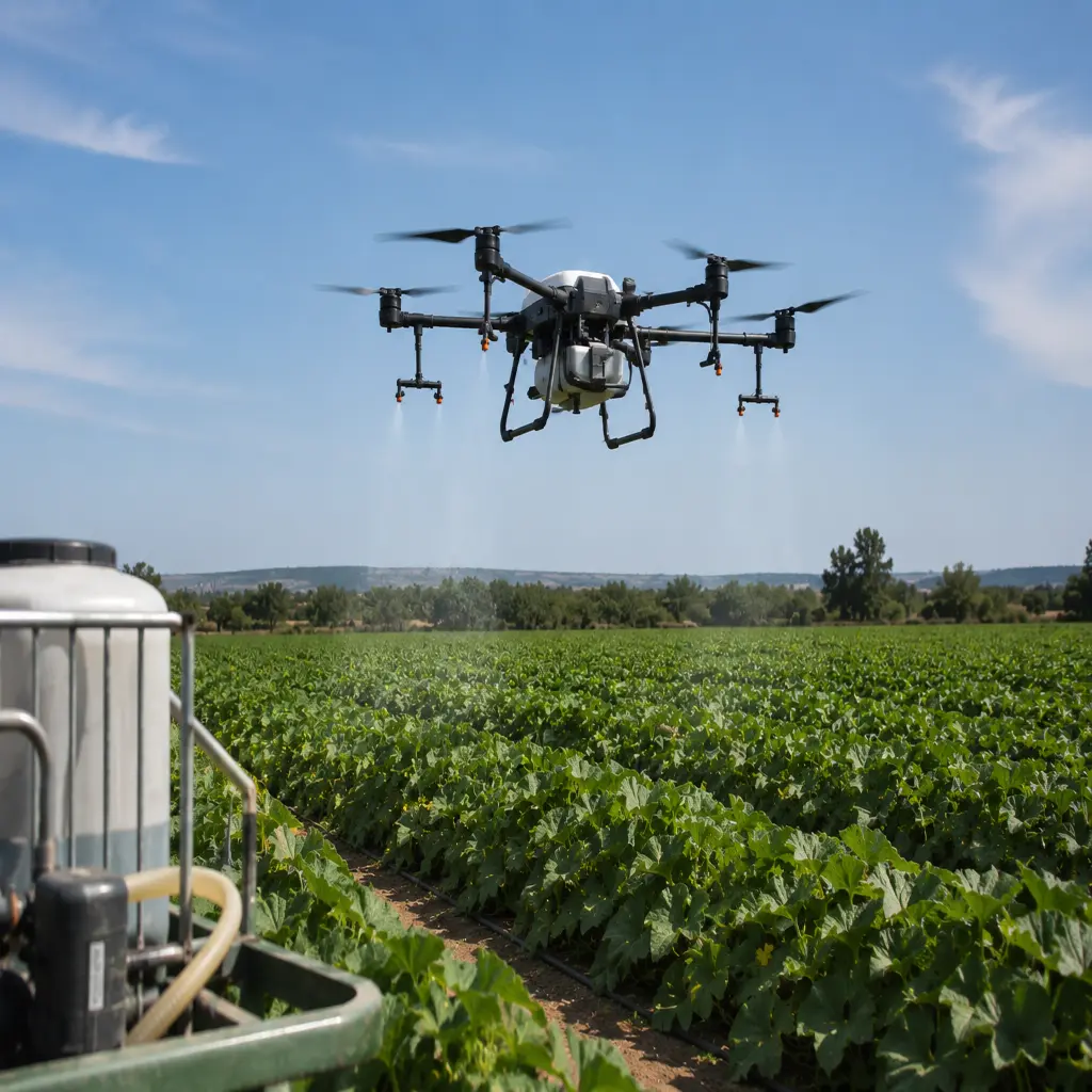 DJI Agras T100 a realizar aplicação de nutrientes numa cultura de melão no Alentejo