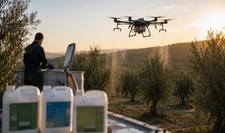 DJI Agras T100 durante a aplicação de nutrientes Herogra Group num olival