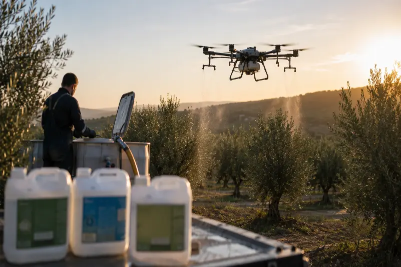 DJI Agras T100 durante a aplicação de nutrientes Herogra Group num olival